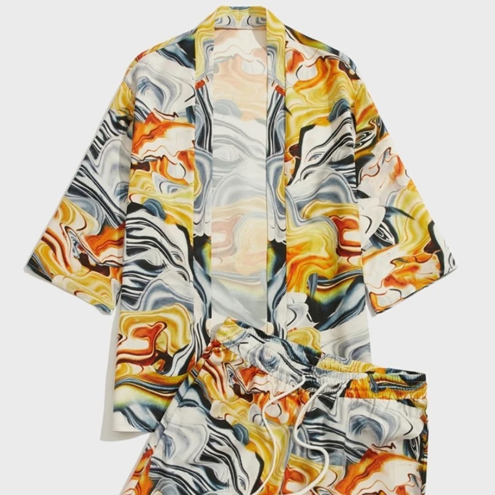 Two Piece set. The colors are white, blue, and yellow.